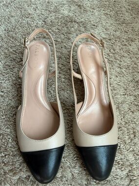 Talbots Beige and Black Cap-Toe Slingback Sandals